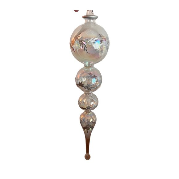 Other - Hand Blown Etched Clear Iridescent 15" Art Glass Christmas Tree Ornament